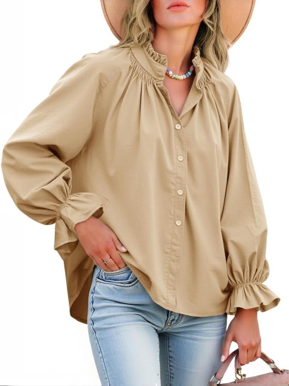 〽️ Women's Khaki Puff Sleeve V Neck Pleated Ruffle Loose Fit Casual Blouse Top